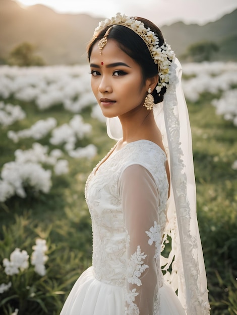 Foto ritratto di una sposa con un vestito