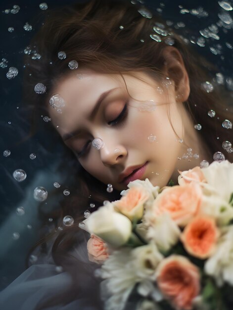 portrait of a bride with flowers under water