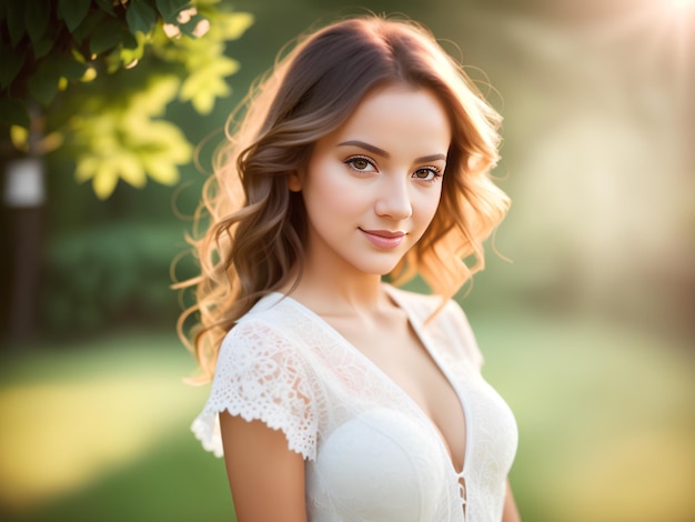 Portrait of bride young beautiful woman on green blurred background Generative AI