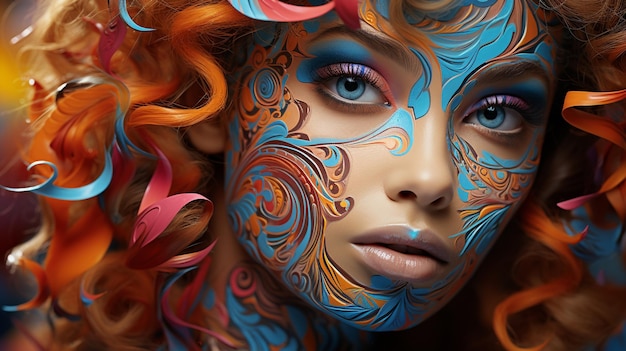 Portrait of the bright beautiful girl with art colorful makeup and body art