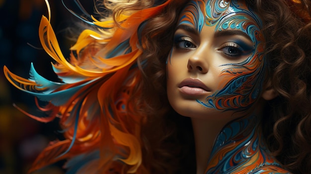 Portrait of the bright beautiful girl with art colorful makeup and body art