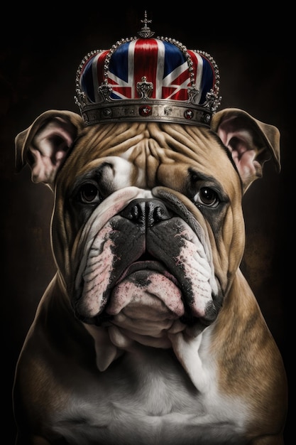 Foto un ritratto di un bulldog britannico che indossa una corona reale bandiera union jack generativo ai