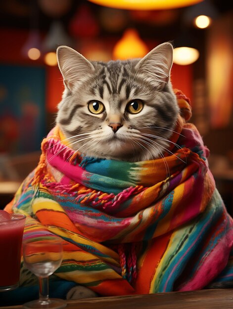 Portrait of british shorthair cat in a colorful serape striking a relaxe festive mexico traditional