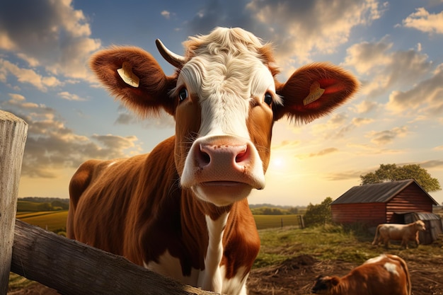 portrait of a brown cow behind a fence on a farm at sunset