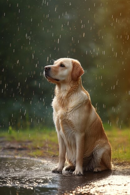 Portrait of a brown dog outside in the rain