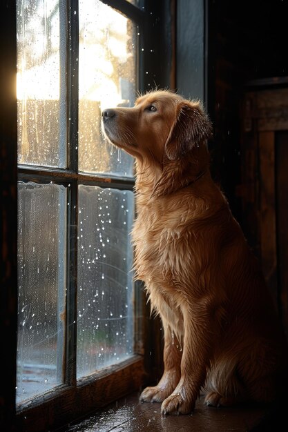 Portrait of a brown dog outside the window waiting for its owner