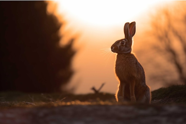 Portrait of a brown hare on a meadow at sunset