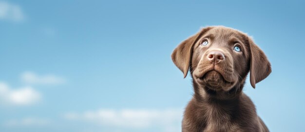 Portrait of a brown labrador puppy on the background of a blue sky