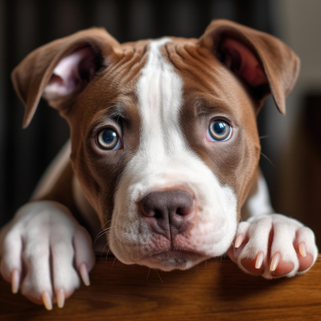 Portrait of brown and white pitbull puppy resting on wood created using generative ai technology