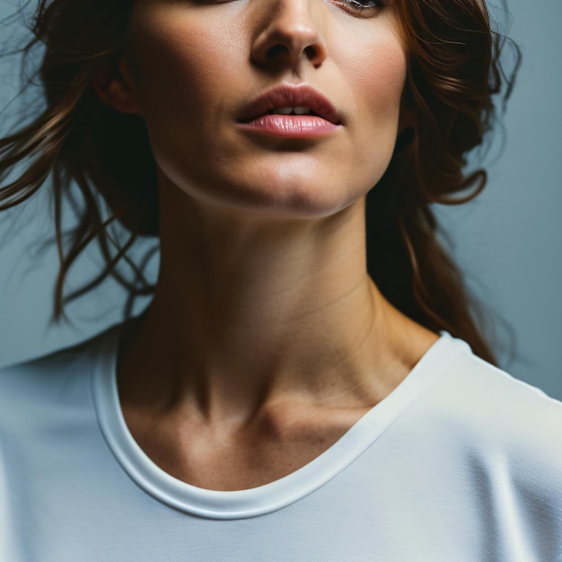 portrait brunette female model wearing a white tshirt rosa mockup blank shirt template in the street