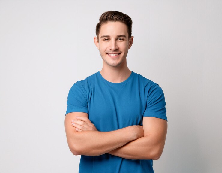 portrait of brunette handsome man indoor portrait of young european guy with crossed arms