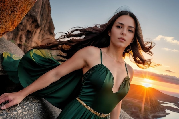 太陽が昇る際の岩の上のエメラルド色のドレスを着た茶色のモデル女の子の肖像画