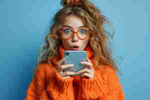 Photo portrait of brunette nice impressed lady hold telephone open mouth hand face wear orange sweater