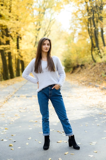 Portrait of brunette woman in casual wear in autumn park. Yellow colours around beautiful woman