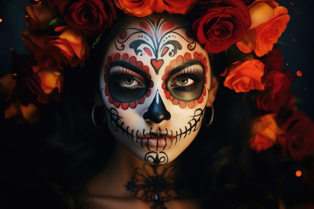 Portrait of a brunette woman with festive day of the dead makeup and orange flowers closeup