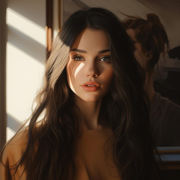 Portrait of a brunette woman with natural sunlight on her hair