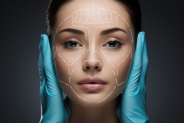 Portrait of brunette woman with plastic surgical mesh on her face and doctor's hands