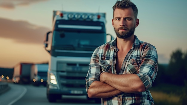 portrait of a brutal driver against the backdrop of a modern truck on the highway