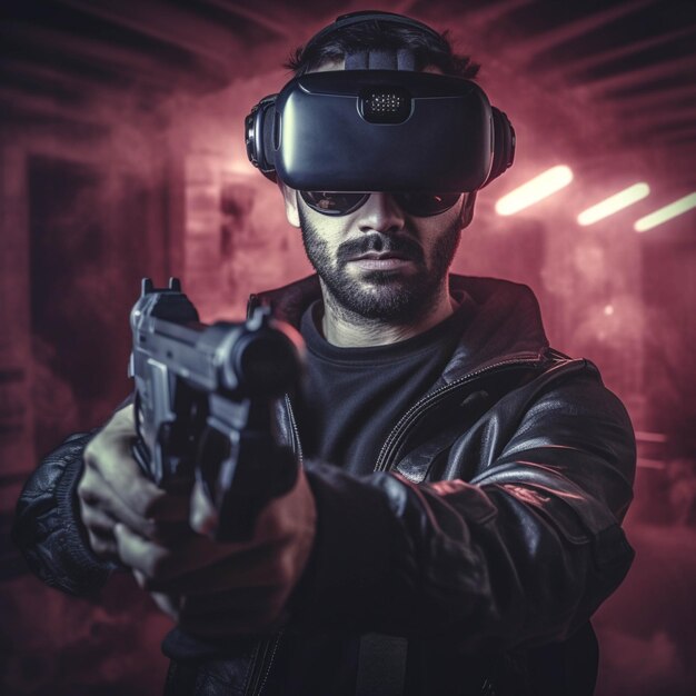 Portrait of a brutal man with a beard in a leather jacket and virtual reality glasses