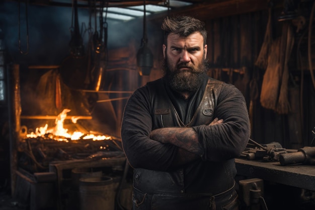 Portrait of a brutal mana professional blacksmith in his own forge