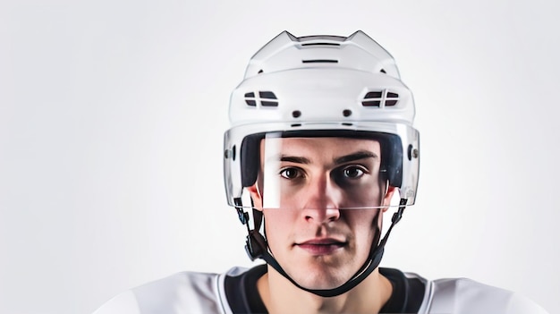 Фото Портрет жестокого профессионального мужчины в хоккейной одежде на белом фоне спортивная концепция ии
