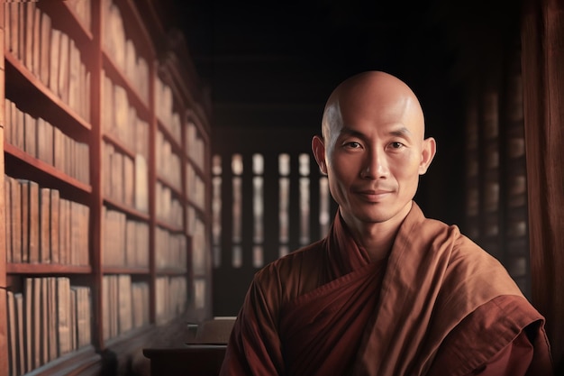 Portrait of a buddhist lonely monk smiling in a temple Close up Generative AI