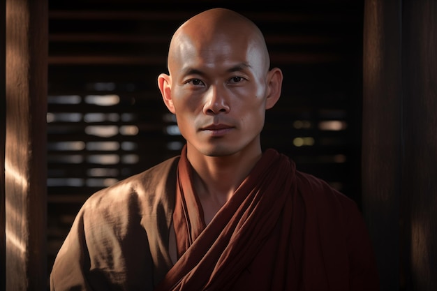 사원에서 카메라를 바라보는 불교 승려의 초상화 클로즈업 생성 AI
