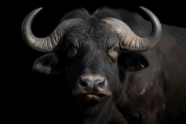 A portrait of a buffalo with a black background.