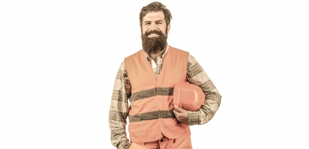 Portrait of a builder smiling Worker in construction uniform Man builders industry Builder in hard hat foreman or repairman in the helmet Bearded man worker in building helmet or hard hat