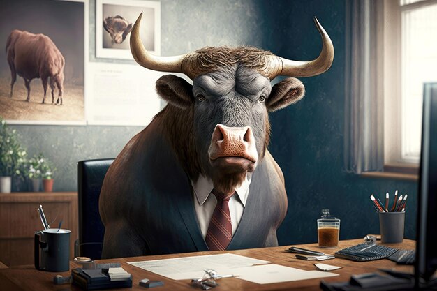 Portrait of bull in business suit at the office desk generative ai