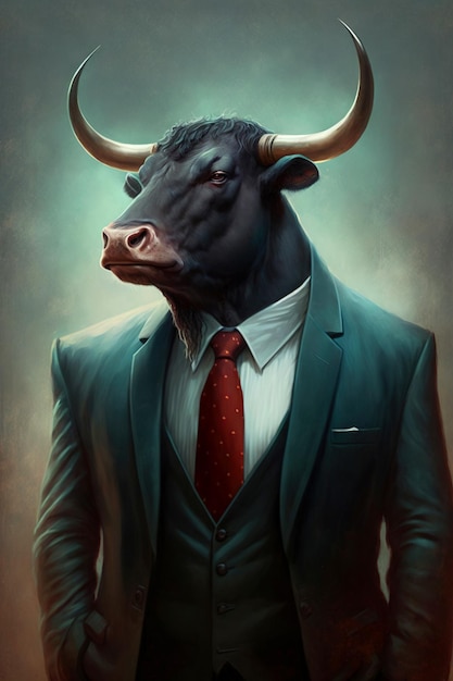 Portrait of a bull in business suit, stock market creative concept