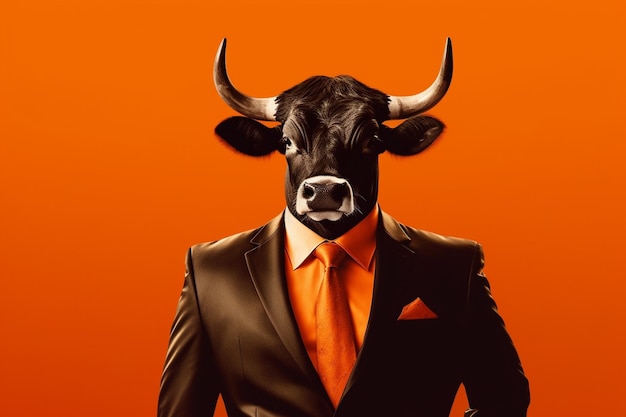 Portrait of a bull in a businessman suit on an orange background generative ai