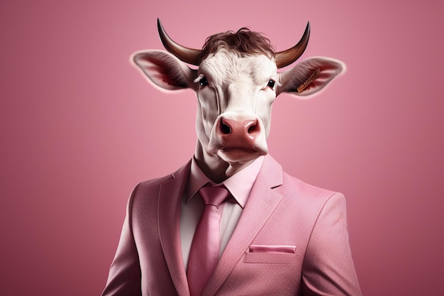 Portrait of a bull in a businessman suit and tie on a isolated background