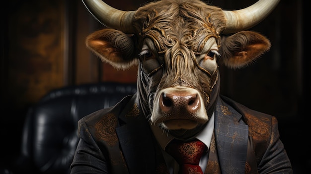 Photo portrait of a bull dressed in a strict business suit classic and business clothing style ai