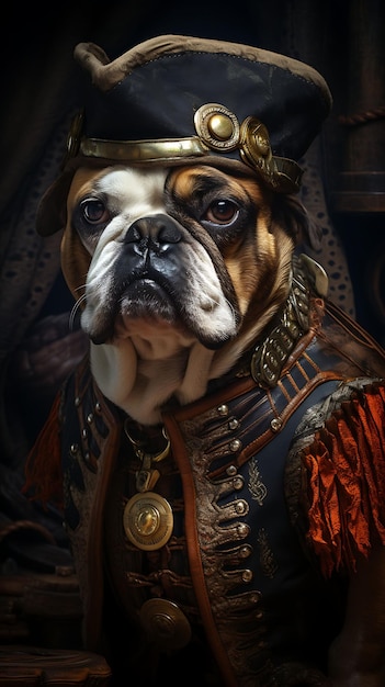 Foto ritratto di bulldog inglese capitano pirata benda sull'occhio cappello tricorno marrone re collezioni di arti animali