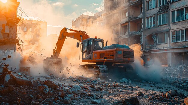 Portrait of a bulldozer demolishes buildings in day light with a big space for text or product and a blurry backdrop Generative AI
