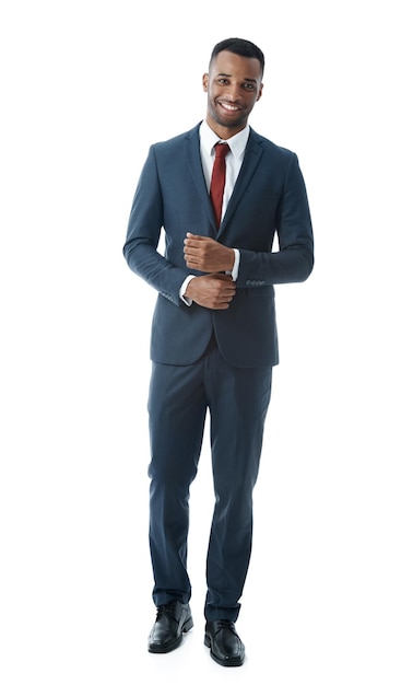 portrait business and black man with smile fashion and model isolated on white studio background african person financial consultant and employee with corporate professional confidence and pride