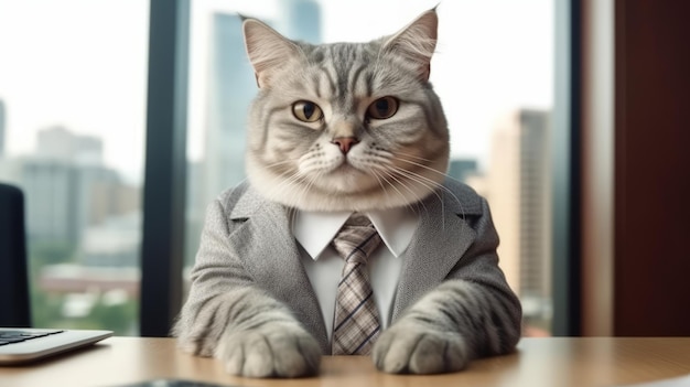 Portrait of business a cat in suit sitting on his office Generative ai