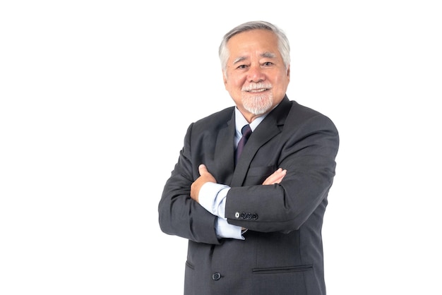 Portrait of a business man senior management Asian senior man old man with suit feel happy good health standing arms crossed isolated on white background lifestyle senior male concept
