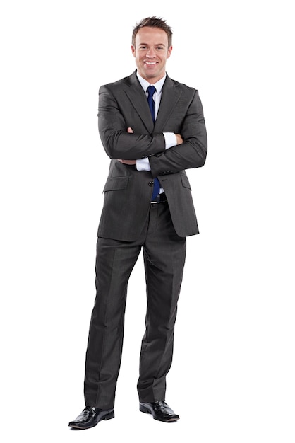 Portrait business and man with arms crossed career and guy isolated against a white studio background Face male person and employee with confidence startup success and professional with a suit