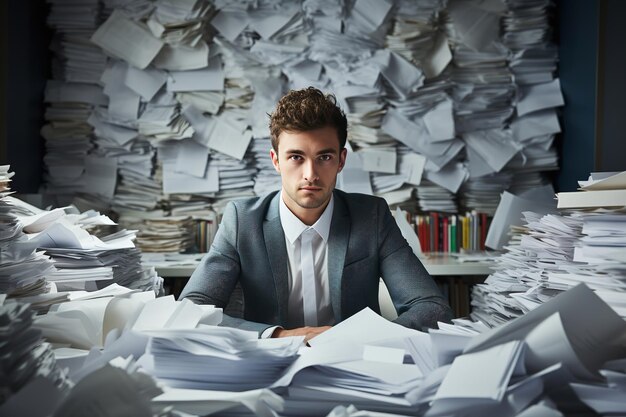 Portrait of business man with stack of papers in the office. Overwork and stress at work concepts.