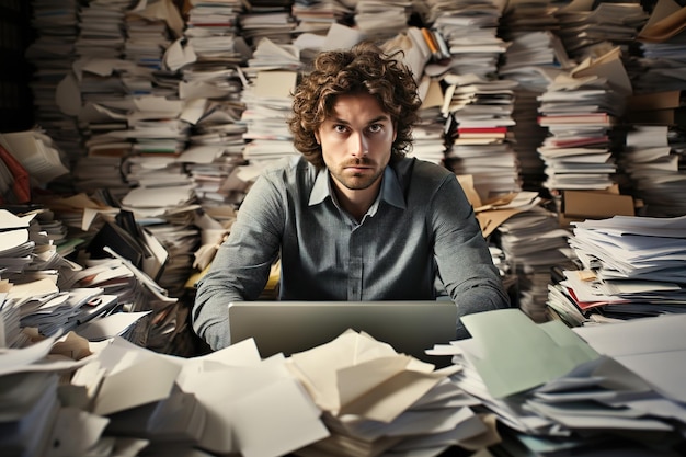 Photo portrait of business man with stack of papers in the office. overwork and stress at work concepts.