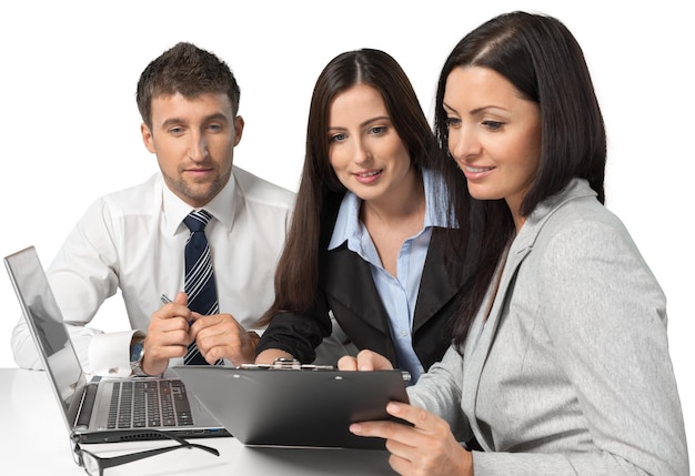 Portrait of Business People Working with Laptop and Clipboard