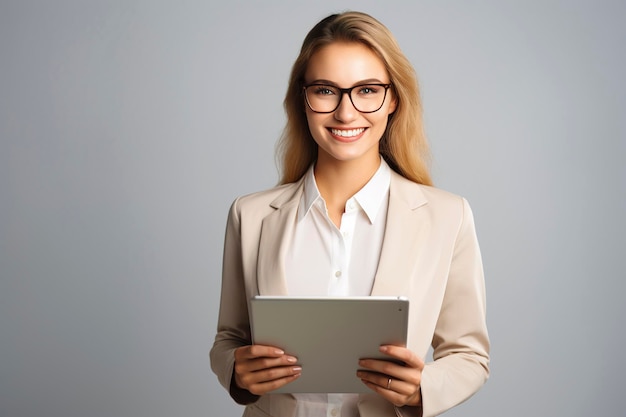 Portrait of business woman holding digital tablet