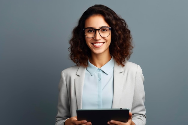 Portrait of business woman holding digital tablet