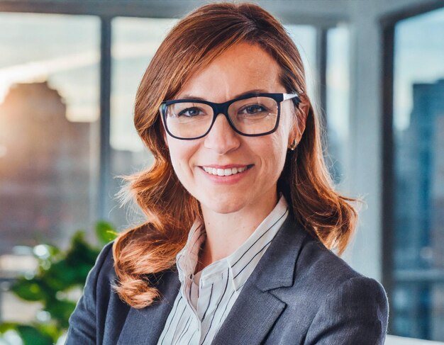 Portrait of business woman smiling in office with glasses