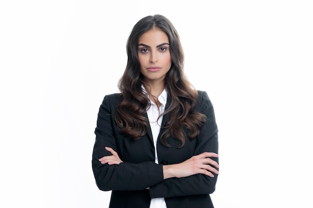 Portrait of business woman in suit crossed arms Confidence businesswoman against grey background with copy space Proud student girl Beautiful businesswoman Female employee young secretary