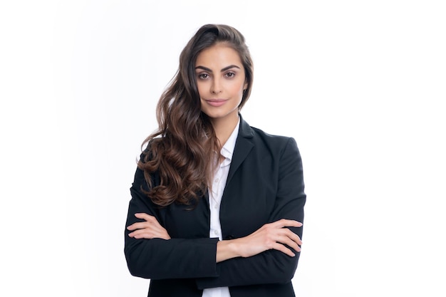 Portrait of business woman in suit crossed arms Confidence businesswoman against grey background with copy space Proud student girl Beautiful businesswoman