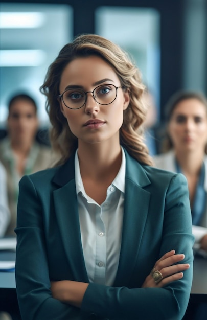 portrait of a business woman with glasses and a suit