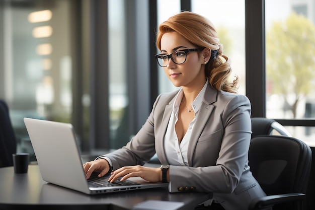 Photo portrait of a business woman working on laptop